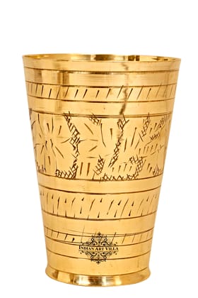 Embossed Flower Design Brass Lassi Glass Tumbler, Drinkware Home Restaurant, Gold-400ml / 1