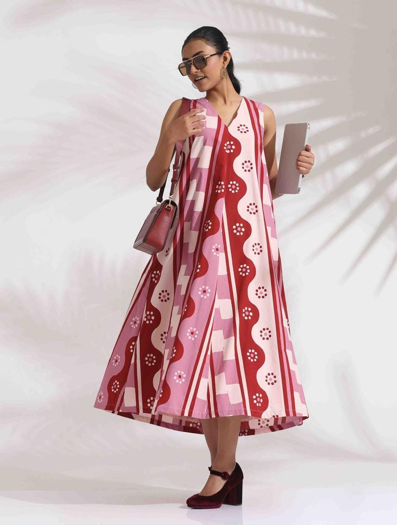 trueBrowns Pink Cotton Abstract Print Dress - Pink   (XS)