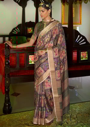 Beige And Green Silk Saree With Digital Print