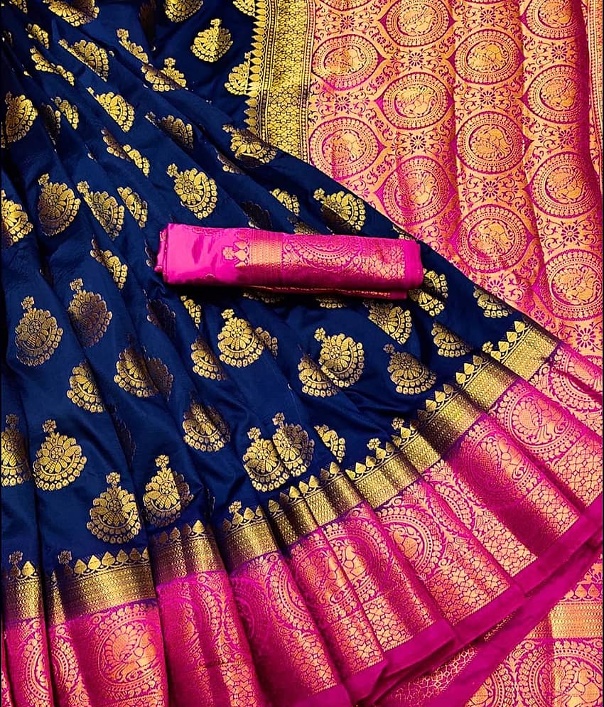 fab woven Art Silk Woven Saree With Unstitched Blouse Piece ( Blue )