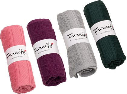 Furnofy Cotton 450 GSM Hand Towel Set Pink, Magenta, Grey, Green (Pack Of 4)