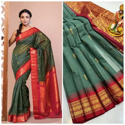 Handwoven Cotton Gadval Saree with Temple Border & Rich Pallu