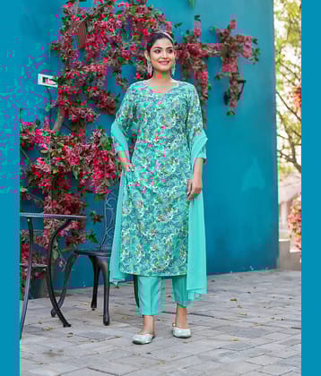 VIBE VISION Viscose Self Design Kurti With Pants Women's Stitched Salwar Suit - Teal ( Pack of 1 )