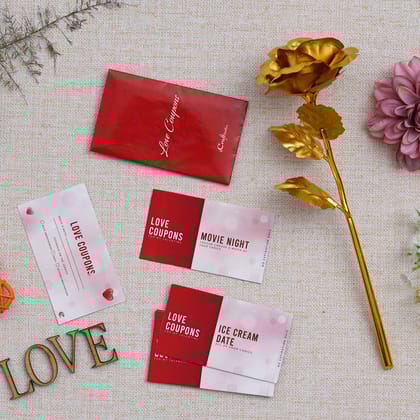 Valentine Combo of Pack of 12 Love Coupons Gift Cards Set, Golden Rose Gift Set