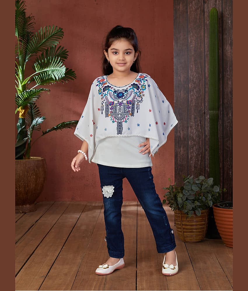 Aarika Pack of 1 Girls Georgette Top With Jeans ( White & Blue )