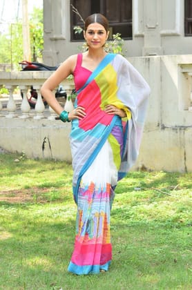 Multi colored Party wear Linen Digital Printed Sari 1157