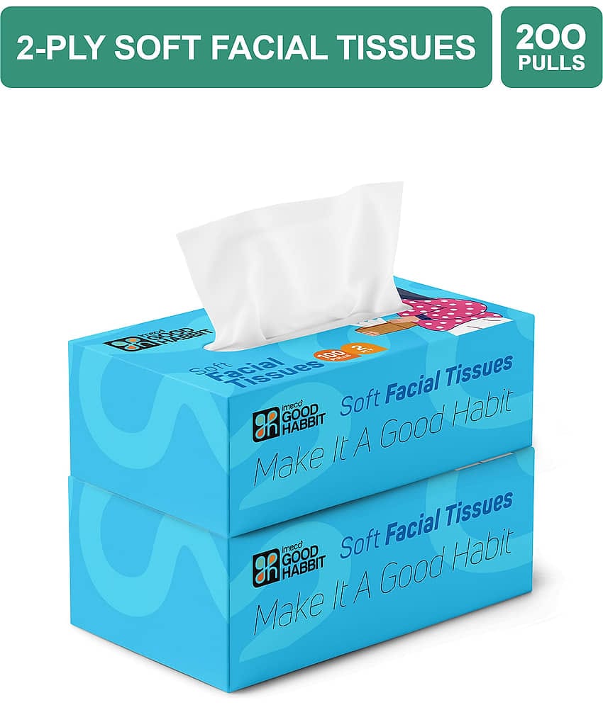 IMECO Good Habbit 2 Ply Facial Tissue Papers 200 Pulls | 100 Pulls Box X Pack of 2 | Ultra Soft, Gentle & Highly Absorbent | Facial Tissues for Home, Office, Car & Travel | Blue