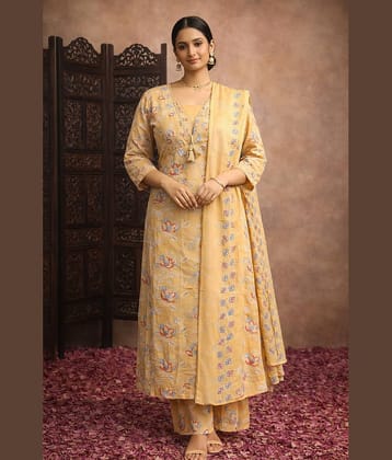 Aarika Women Cotton Printed Straight Kurti With Pants ( Beige )