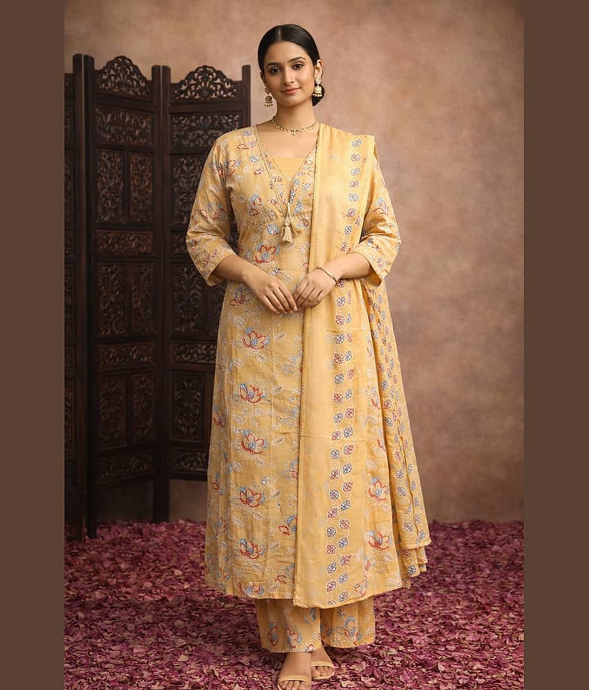 Aarika Women Cotton Printed Straight Kurti With Pants ( Beige )