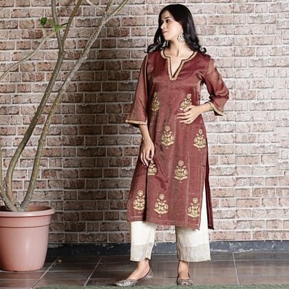 brown chanderi embroidered kurta set-XS