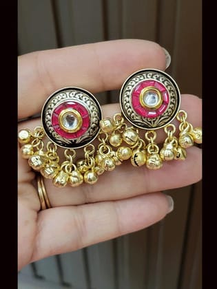 Circular dual finish 4cm ghunghru hanging earrings with kundan in coloured stones center-Ruby