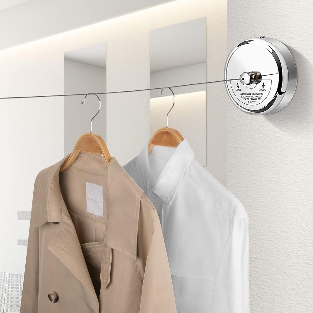 Stainless Steel Retractable Adjustable Clothesline, Lockable Hanging Washing Line, Wall-Mounted Wire Clothes line/Cloth Line Laundry Drying Rope for Indoor/Outdoor/Balcony (Silver) (Pack of 1)