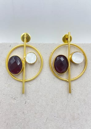 Gold Plated Circular Red Onyx and Shell Pearl Drop Earrings