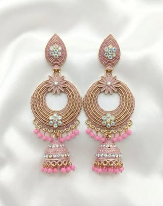Vardaan Crystalx Women's earing Elegant pink chandelier jhumkas with floral polki and bead tasselsperfect festive sparkle! Perfect for every women for every moment. Vardaan Crystalx Women's earing Elegant pink chandelier jhumkas with floral polki and bead tasselsperfect festive sparkle! Perfect for every women for every moment.