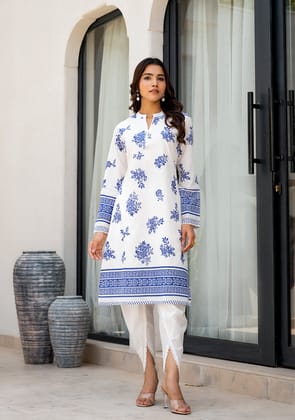 White Floral Printed Straight Kurta With Tulip Pant-XS