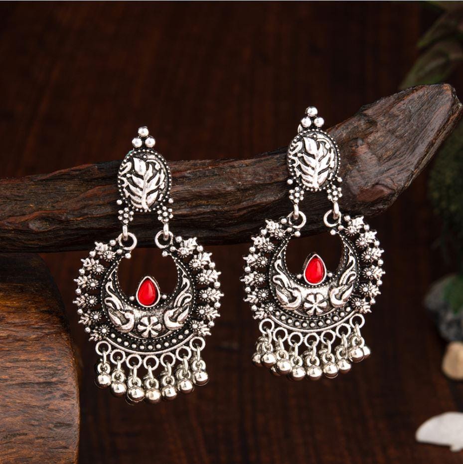 Oxidised Silver Plated Chand Bali Shaped Designed Artwork Wi