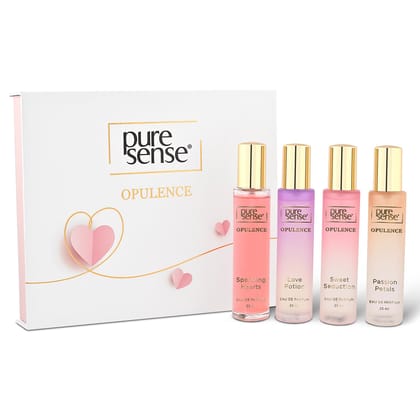 PureSense Opulence Perfume Gift Set (Hearts + Sweet + Passion + Love) | Birthday Gifts | Long Lasting Luxury Perfume Travel Combo Pack 25x4ml | for Women, Wife, Girlfriend, Sister PureSense Opulence Perfume Gift Set (Hearts + Sweet + Passion + Love) | Bi