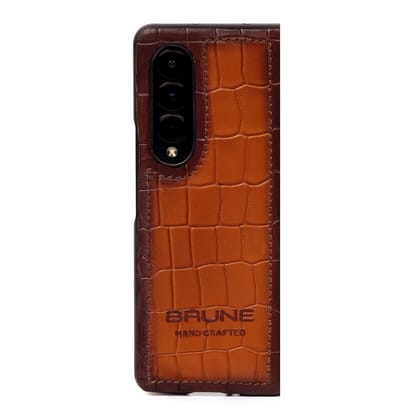 Samsung Galaxy Fold Mobile Cover in Tan Croco Textured Leather by Brune & Bareskin-Fold 2