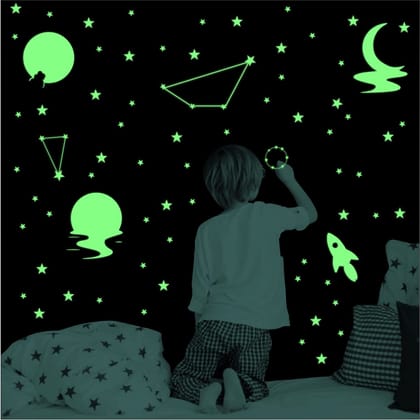 DreamKraft 80 Pieces Glow in The Dark Sticker Set - Moon, Star, Galaxy, and Rocket Designs