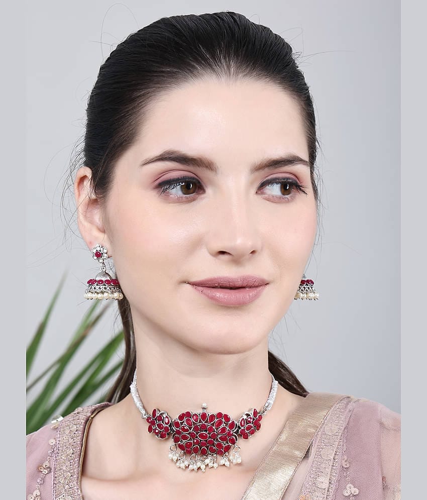 PUJVI Maroon Alloy Necklace Set ( Pack of 1 )