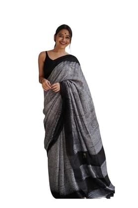 Women's Soft Lilan Printed Saree With Unstitched Blouse 5.5Mtr (Black)-PID63656