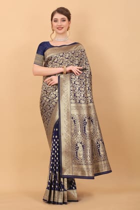 Yavira silk Women's Navy Handwoven Silk Blend Saree