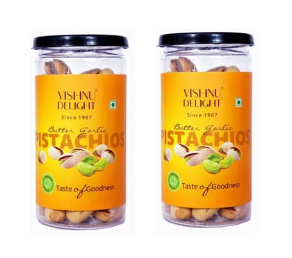 Vishnu Delight Butter Garlic Flavoured Pistachios Jar 80gm, Super Crunchy Pista Shelled Nuts, Roasted & Delicious Healthy Dry Fruit, Gluten Free Snack (Pack Of 2)