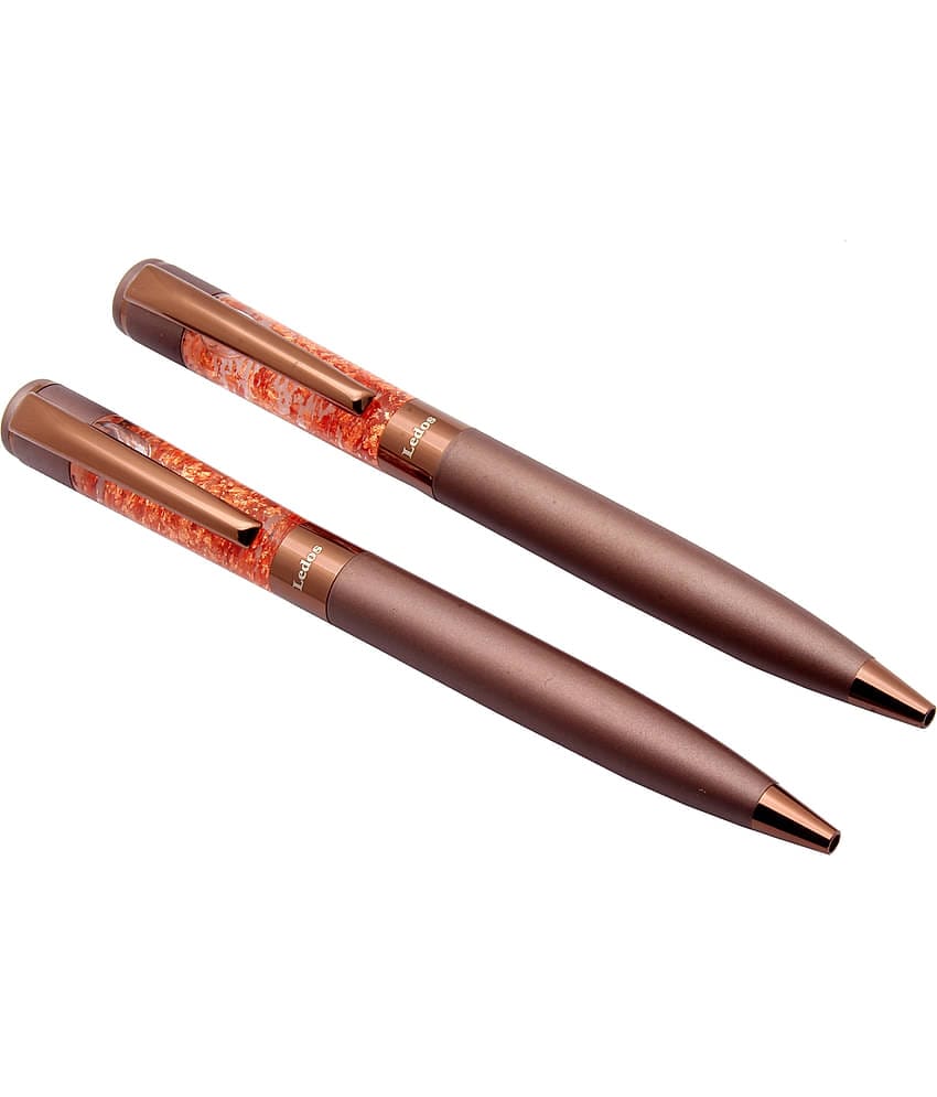 Srpc Set Of 2 Crystal Glitter Cap Chocolate Brown Ball Point Pen Matte Finish Metal Body Blue Refill