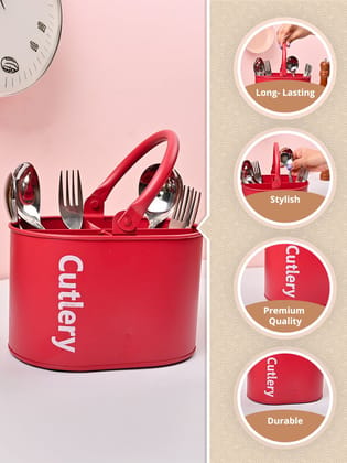 Red Metal Cutlery Holder with Handle for Kitchen Utensils