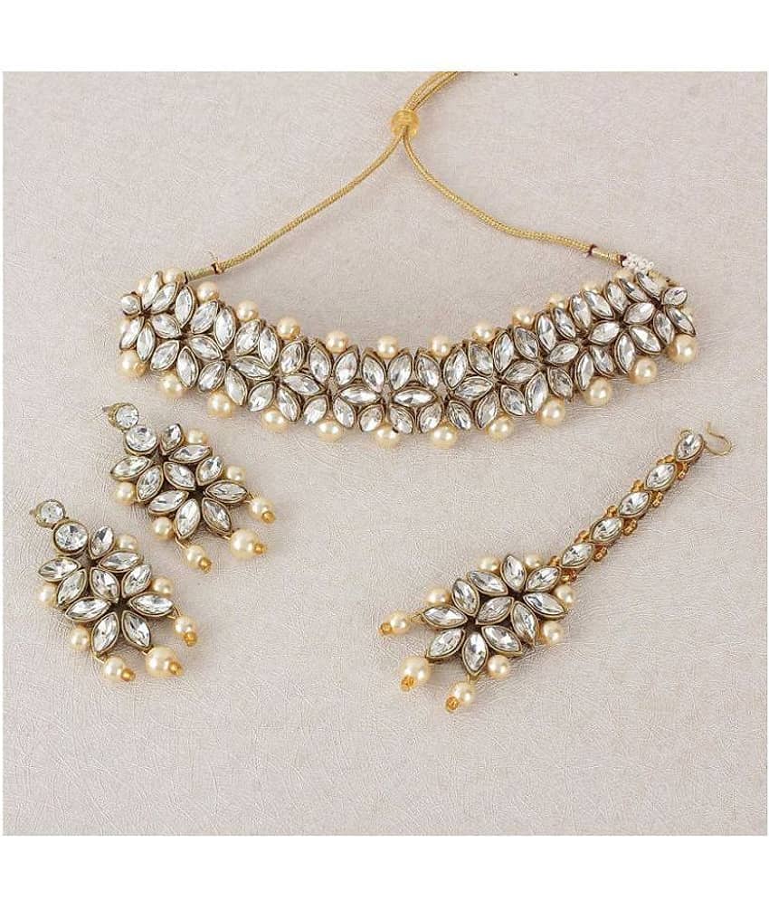 Ronak Creations Brass Off White Choker Traditional Gold Plated Necklaces Set