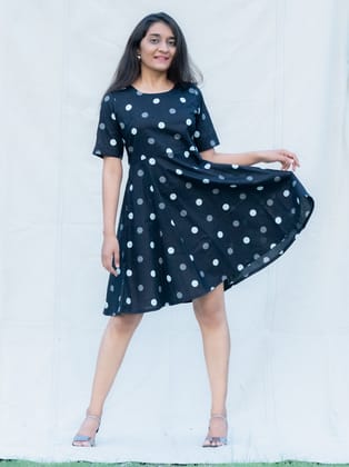 Galaxy Black Polka Dots Cotton Knee Length Dress-XS