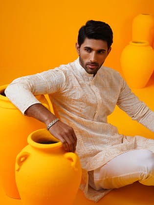 Men's Cotton Silk Kantha Thread Embroidered Cream Kurta with White Pyjama-36