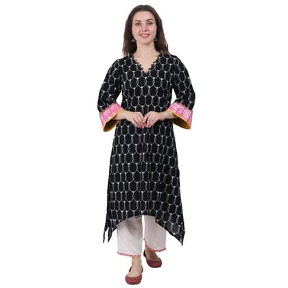 Black Asymmetric Printed Kurta Set-S