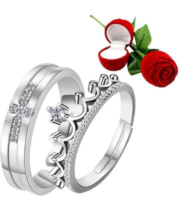 Silver Shine Silver Plated Adjustable Couple Ring with 1 Piece Red Rose Gift Box for Men and Women