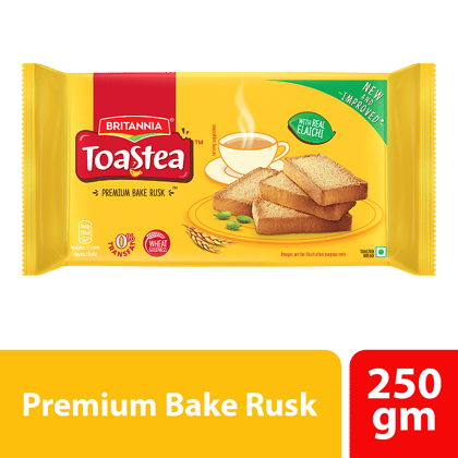 Britannia Toastea Premium Bake Rusk With Goodness Of Elaichi, Sooji & Wheat, 250 g