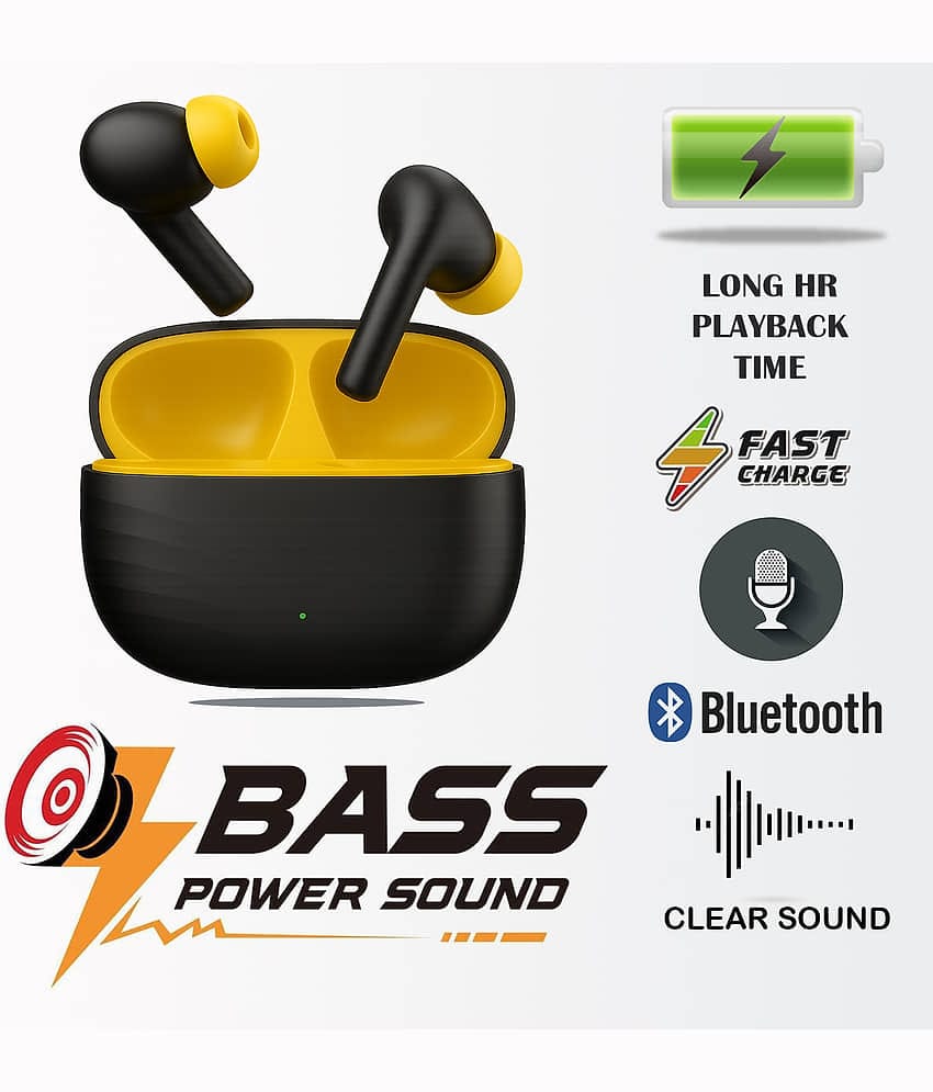 "Wireless Bluetooth Earbuds with Deep Bass, Fast Charging Case, Touch Control & Voice Assistant | Stylish Black & Yellow Design for Music, Calls, Gaming, Workout & Travel"