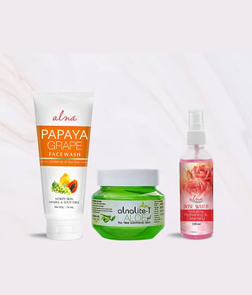 Alna Papaya Grape Face Wash75ml with Alnalite-T Aloe Gel 100gm & Rose Water 100ml , Pack of 3
