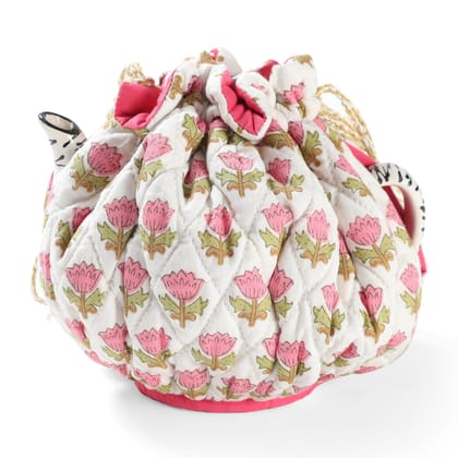 Cotton Hand Block Printed Drawstring Tea Cozy - White & Pink-White / Pink / Green / 9 Inches x 12 Inches / 100% Cotton