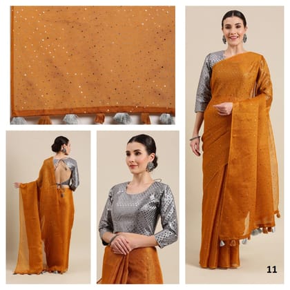 Golden Color Rubber Print Cotton Blend Saree.