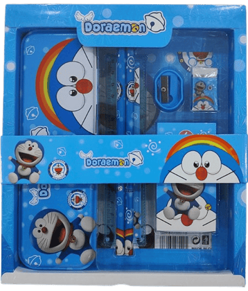 2307 YESKART - DORAEMON  Theme 12 pcs All in One Stationery Set Combo Boys Girls Pencil Box Set School Supplies Stationery Gift Set Kit with 1 Pencil Box Case 2 Pencils 6 Crayon Colours 1 Ruler Scale Eraser Sharpener Kit for Kids