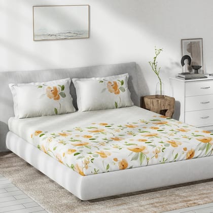 DDECOR - Primary Collection 100% Cotton Floral Pattern 136TC King Fitted Sheet|180 CM X 198 CM| - Orange