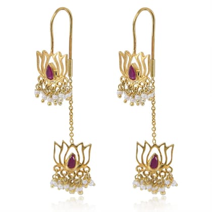 925 Sterling Silver Lotus Sui Dhaga Earring-EARRINGS / Red