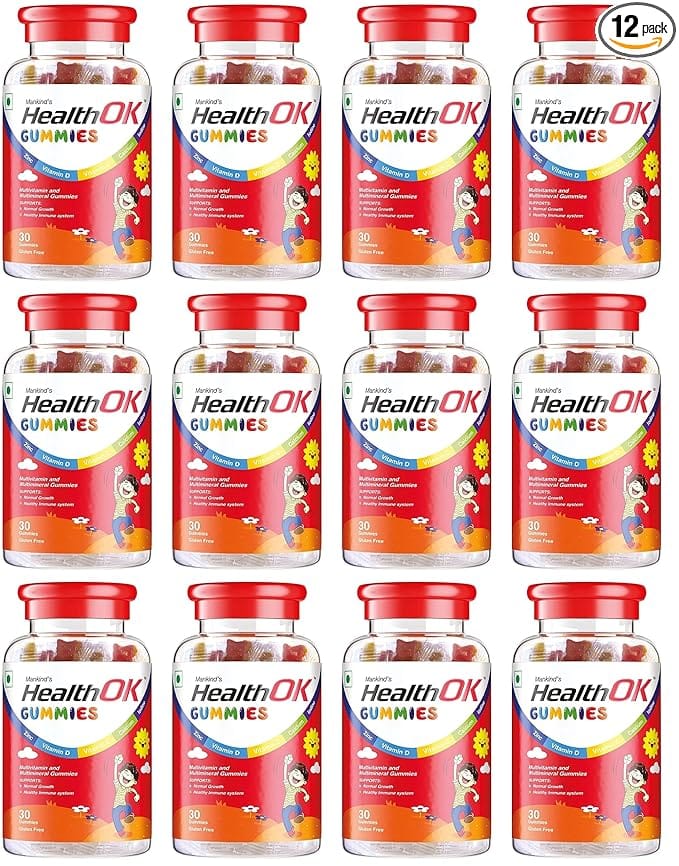 Health Ok Mankind Gummies Multivitamin and Multimineral for Kids Supports Normal Growth Healthy Immune system and Brain Function for 7 -17-year-old Bottle of 30 Gummies xPack of 12