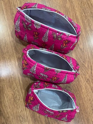 Quilted Makeup Pouches, Magenta Pink with Butterfly Print, Zippered Travel Bags, Set of 3 Quilted Makeup Pouches, Magenta Pink with Butterfly Print, Zippered Travel Bags, Set of 3