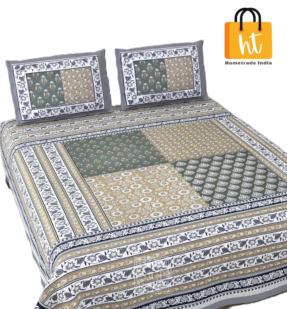3001-Hometrade India-Standard King Size (90*108 Inches) Double Bedsheet With 2 Pillow Cover-RJ-14-Jaipur lining-3133