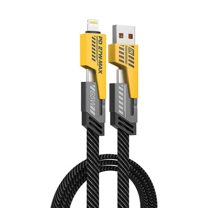 Vaku Luxos ® 4-in-1 65W Fast Charging Flat Nylon Braided Data Sync Cable With USB, Lightning, C-Type Ports
