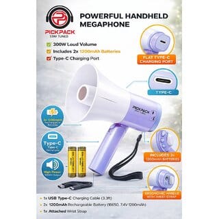 PickPack 300W Handheld Megaphone with Rechargeable Battery  Type-C Charging  Loud Speaker Bullhorn with Mic  Portable PA System for Events, Announcements