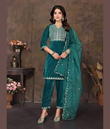 Royal Export Velvet Embroidered Kurti With Pants Women's Stitched Salwar Suit - Teal ( Pack of 1 )