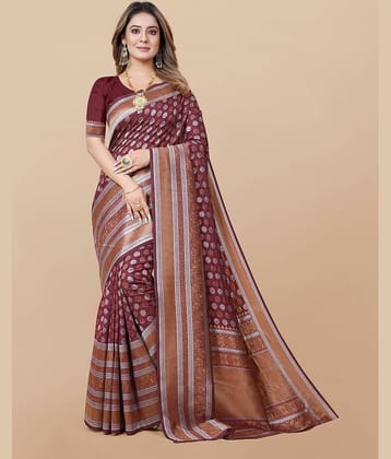 Gazal Fashions Banarasi Silk Printed Saree With Unstitched Blouse Piece ( Maroon )