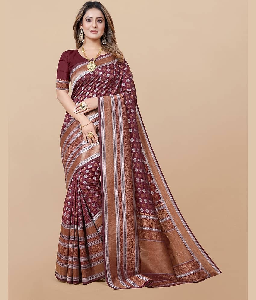 Gazal Fashions Banarasi Silk Printed Saree With Unstitched Blouse Piece ( Maroon )